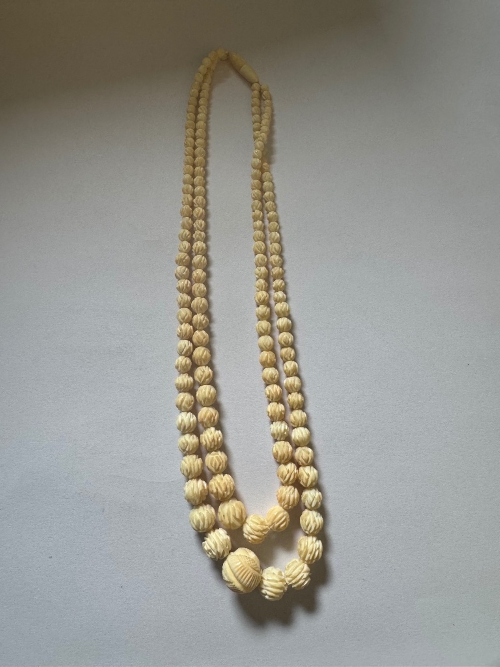 Vintage Double-Strand Carved-Style Cream Plastic Bead Necklace